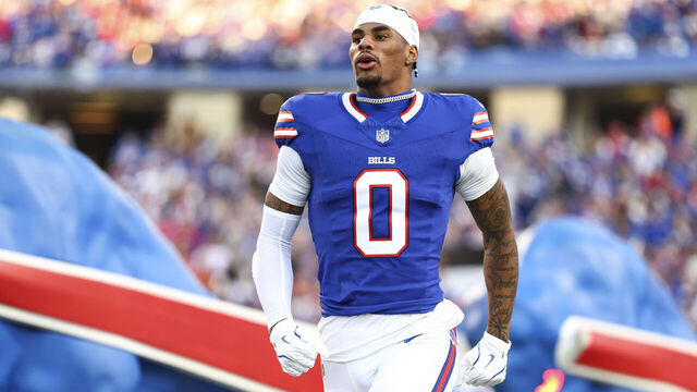ORCHARD PARK, NEW YORK - NOVEMBER 2: Keon Coleman #0 of the Buffalo Bills reacts as he runs onto the field prior to an NFL football game against the Kansas City Chiefs at Highmark Stadium on November 2, 2025 in Orchard Park, New York.