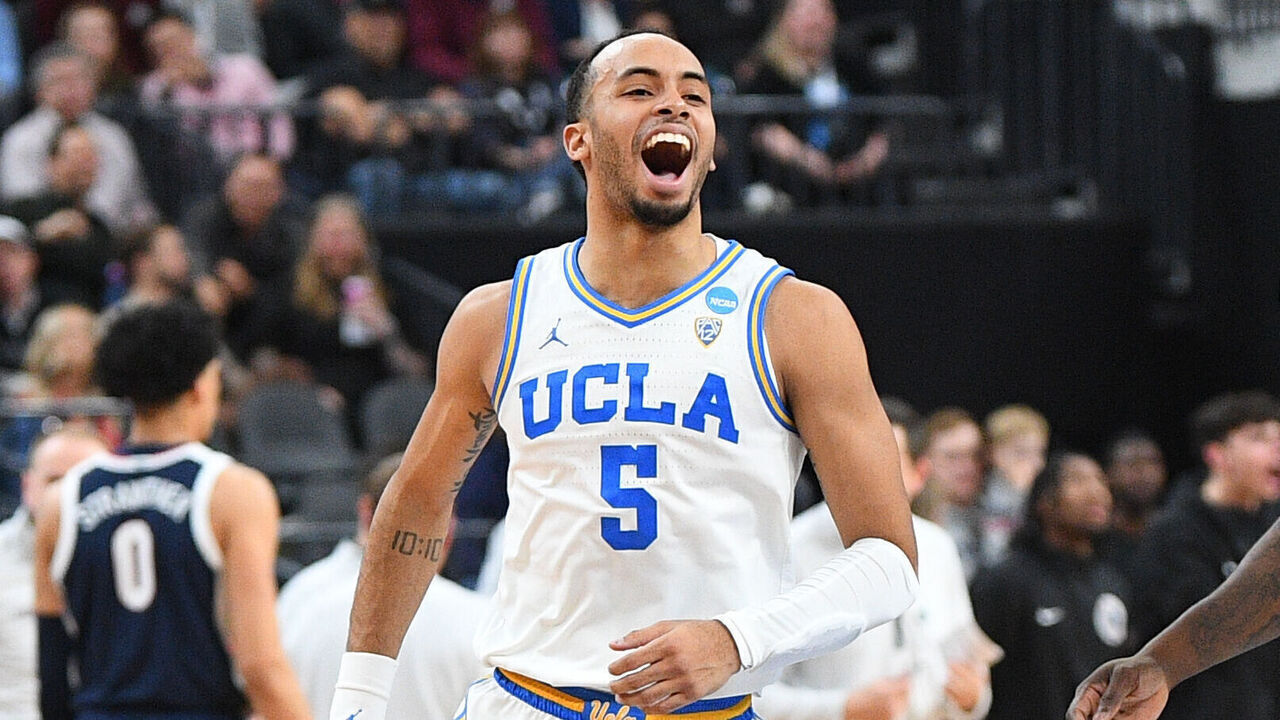 LAS VEGAS, NV - MARCH 24: UCLA Bruins guard Amari Bailey (5) celebrates during the NCAA Division I Men's Championship Sweet Sixteen round basketball game between the Gonzaga Bulldogs and the UCLA Bruins on March 24, 2023 at T-Mobile Arena in Las Vegas, NV.