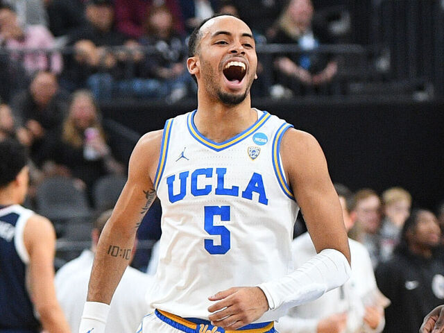 LAS VEGAS, NV - MARCH 24: UCLA Bruins guard Amari Bailey (5) celebrates during the NCAA Division I Men's Championship Sweet Sixteen round basketball game between the Gonzaga Bulldogs and the UCLA Bruins on March 24, 2023 at T-Mobile Arena in Las Vegas, NV.