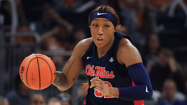 AUSTIN, TX - JANUARY 04: Ole Miss Rebels forward Cotie McMahon (32) dribbles up the court against the Texas Longhorns during the game on January 04, 2026, at the Moody Center in Austin, TX.