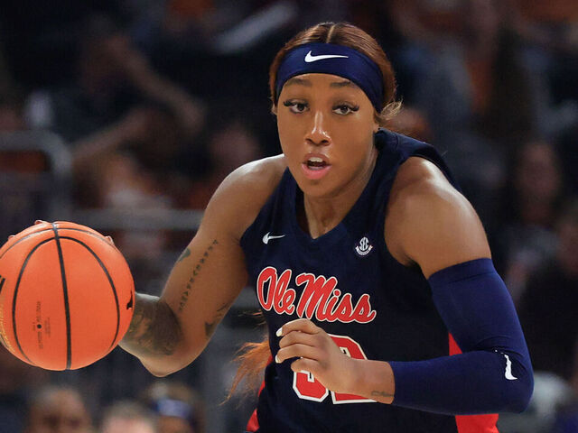 AUSTIN, TX - JANUARY 04: Ole Miss Rebels forward Cotie McMahon (32) dribbles up the court against the Texas Longhorns during the game on January 04, 2026, at the Moody Center in Austin, TX.