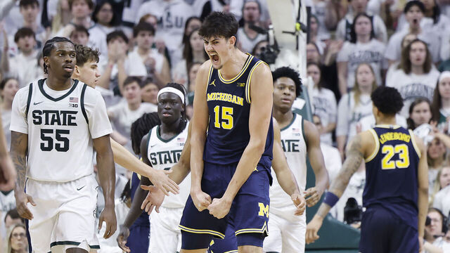 EAST LANSING, MICHIGAN - JANUARY 30: Aday Mara #15 of the Michigan Wolverines reacts during the second half of the game against the Michigan State Spartans at Breslin Center on January 30, 2026 in East Lansing, Michigan.