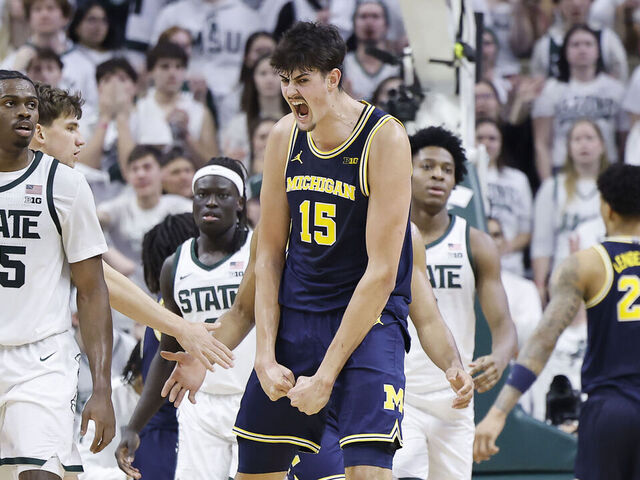 EAST LANSING, MICHIGAN - JANUARY 30: Aday Mara #15 of the Michigan Wolverines reacts during the second half of the game against the Michigan State Spartans at Breslin Center on January 30, 2026 in East Lansing, Michigan.