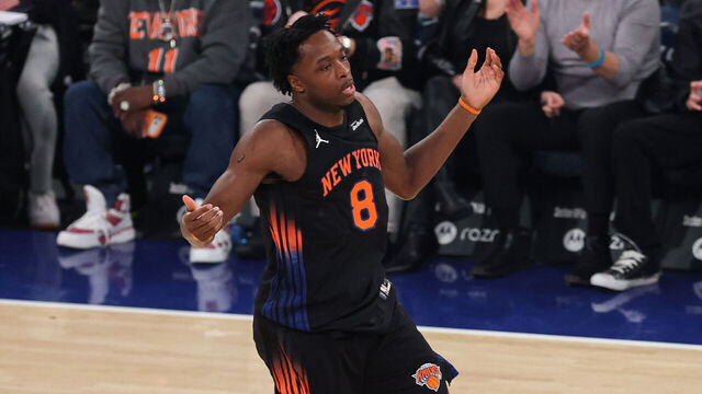 NEW YORK, NEW YORK - JANUARY 30: Og Anunoby #8 of the New York Knicks reacts to a 3-point basket during the first quarter against the Portland Trail Blazers at Madison Square Garden on January 30, 2026 in New York City.