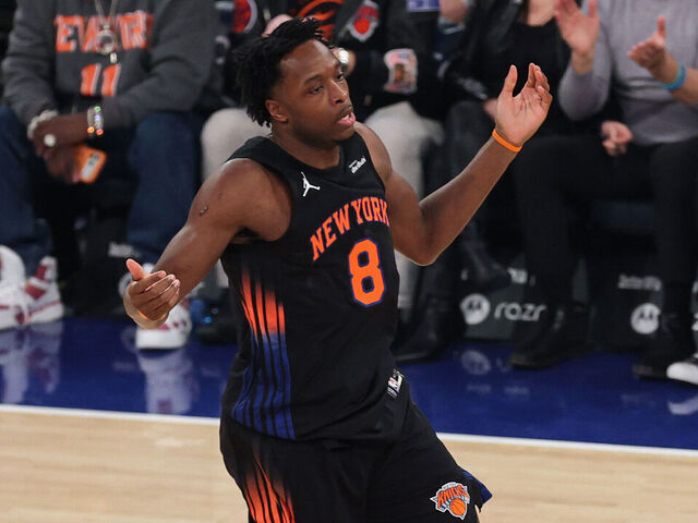NEW YORK, NEW YORK - JANUARY 30: Og Anunoby #8 of the New York Knicks reacts to a 3-point basket during the first quarter against the Portland Trail Blazers at Madison Square Garden on January 30, 2026 in New York City.