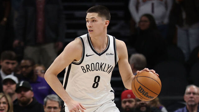 PHOENIX, ARIZONA - JANUARY 27: Egor Demin #8 of the Brooklyn Nets handles the ball during the second half against the Phoenix Suns at Mortgage Matchup Center on January 27, 2026 in Phoenix, Arizona.