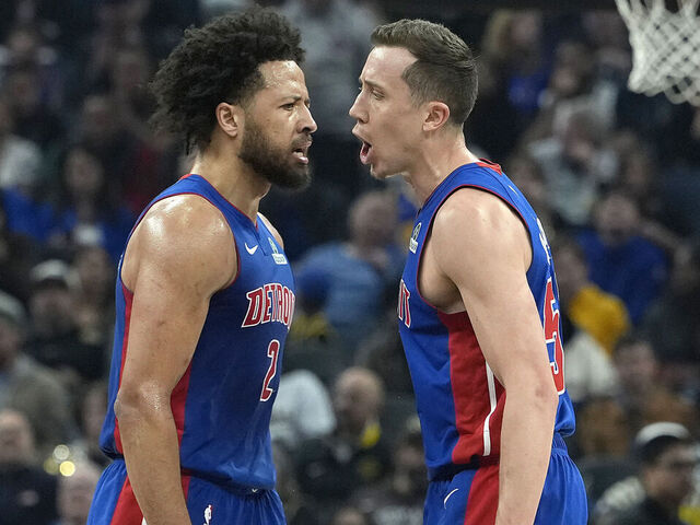 SAN FRANCISCO, CALIFORNIA - JANUARY 30: Duncan Robinson #55 and Cade Cunningham #2 of the Detroit Pistons reacts after Robinson made a three-point shot against the Golden State Warriors in the first hald at Chase Center on January 30, 2026 in San Francisco, California.
