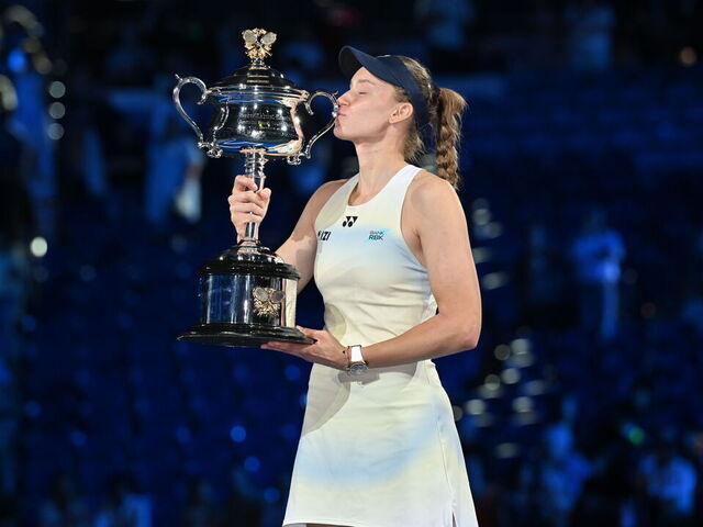 MELBOURNE, AUSTRALIA - JANUARY 31: Elena Rybakina of Kazakhstan poses with the Daphne Akhurst Memorial Cup after defeating Aryna Sabalenka in the Women's Singles Final at the Australian Open grand slam tennis tournament at Melbourne Park in Melbourne, Australia on January 31, 2026.