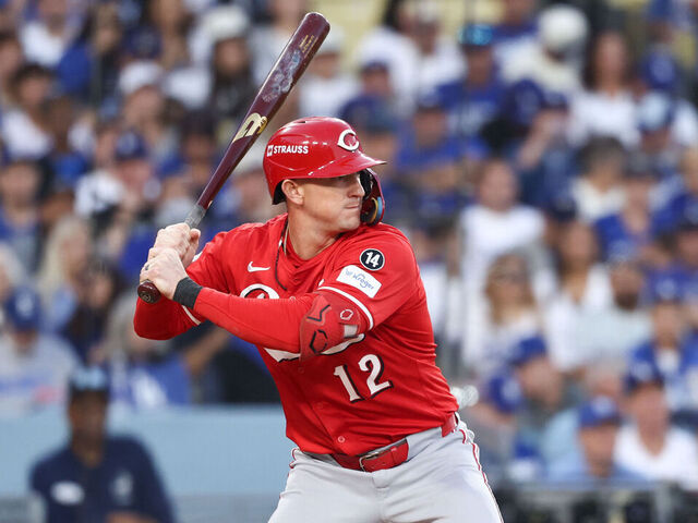 LOS ANGELES, CA - SEPTEMBER 30: Austin Hays #12 of the Cincinnati Reds bats in the second inning during Game One of the National League Wild Card Series between the Cincinnati Reds and the Los Angeles Dodgers at Dodger Stadium on Tuesday, September 30, 2025 in Los Angeles, California.
