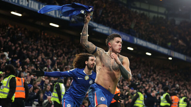 LONDON, ENGLAND - JANUARY 31: Enzo Fernandez of Chelsea celebrates scoring his team's third goal during the Premier League match between Chelsea and West Ham United at Stamford Bridge on January 31, 2026 in London, England.