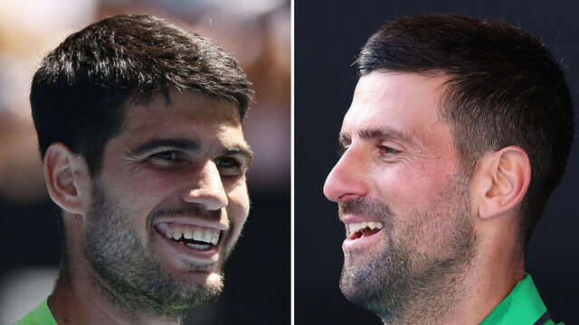 FILE PHOTO (EDITORS NOTE: COMPOSITE OF IMAGES - Image numbers 2258037306, 2256401247) In this composite image a comparison has been made between Carlos Alcaraz of Spain (L) and Novak Djokovic of Serbia. They will meet in the Australian Open Men’s Final on February 1,2026 at Melbourne Park in Melbourne, Australia. ***LEFT IMAGE*** MELBOURNE, AUSTRALIA - JANUARY 25: Carlos Alcaraz of Spain celebrates winning the first set in the men's Singles Fourth Round against Tommy Paul of the United States during day eight of the 2026 Australian Open at Melbourne Park on January 25, 2026 in Melbourne, Australia. RIGHT IMAGE*** MELBOURNE, AUSTRALIA - JANUARY 15: Novak Djokovic of Serbia looks on against Frances Tiafoe of the United States during an exhibition match ahead of the 2026 Australian Open at Melbourne Park on January 15, 2026 in Melbourne, Australia.