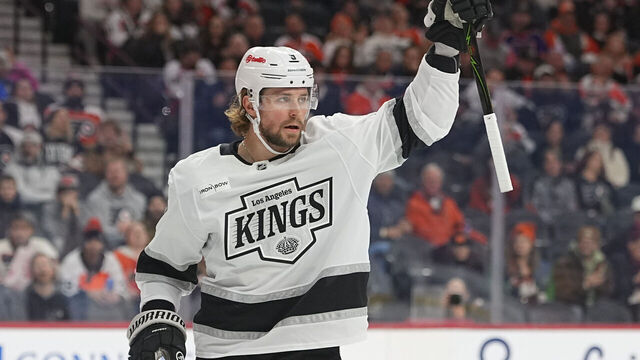PHILADELPHIA, PENNSYLVANIA - JANUARY 31: Adrian Kempe #9 of the Los Angeles Kings reacts after scoring a goal against the Philadelphia Flyers in the first period at Xfinity Mobile Arena on January 31, 2026 in Philadelphia, Pennsylvania.