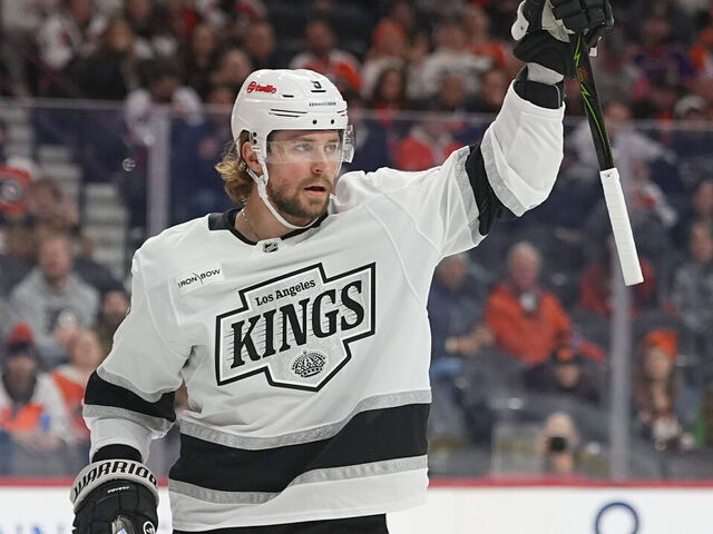 PHILADELPHIA, PENNSYLVANIA - JANUARY 31: Adrian Kempe #9 of the Los Angeles Kings reacts after scoring a goal against the Philadelphia Flyers in the first period at Xfinity Mobile Arena on January 31, 2026 in Philadelphia, Pennsylvania.