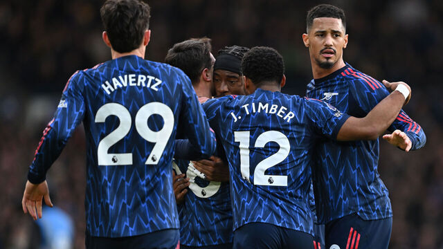 LEEDS, ENGLAND - JANUARY 31: Arsenal players celebrate the 1st goal (L-R) Kai Havertz, Martin Zubimendi, Noni Madueke, Jurrien Timber and William Salibaduring the Premier League match between Leeds United and Arsenal at Elland Road on January 31, 2026 in Leeds, England.