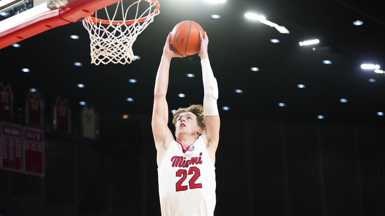 OXFORD, OHIO - JANUARY 27: Brant Byers #22 of the Miami (OH) RedHawks dunks the ball in the second half against the UMass Minutemen at Millett Hall on January 27, 2026 in Oxford, Ohio.
