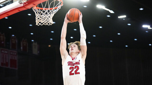 OXFORD, OHIO - JANUARY 27: Brant Byers #22 of the Miami (OH) RedHawks dunks the ball in the second half against the UMass Minutemen at Millett Hall on January 27, 2026 in Oxford, Ohio.