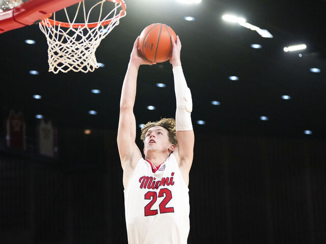 OXFORD, OHIO - JANUARY 27: Brant Byers #22 of the Miami (OH) RedHawks dunks the ball in the second half against the UMass Minutemen at Millett Hall on January 27, 2026 in Oxford, Ohio.