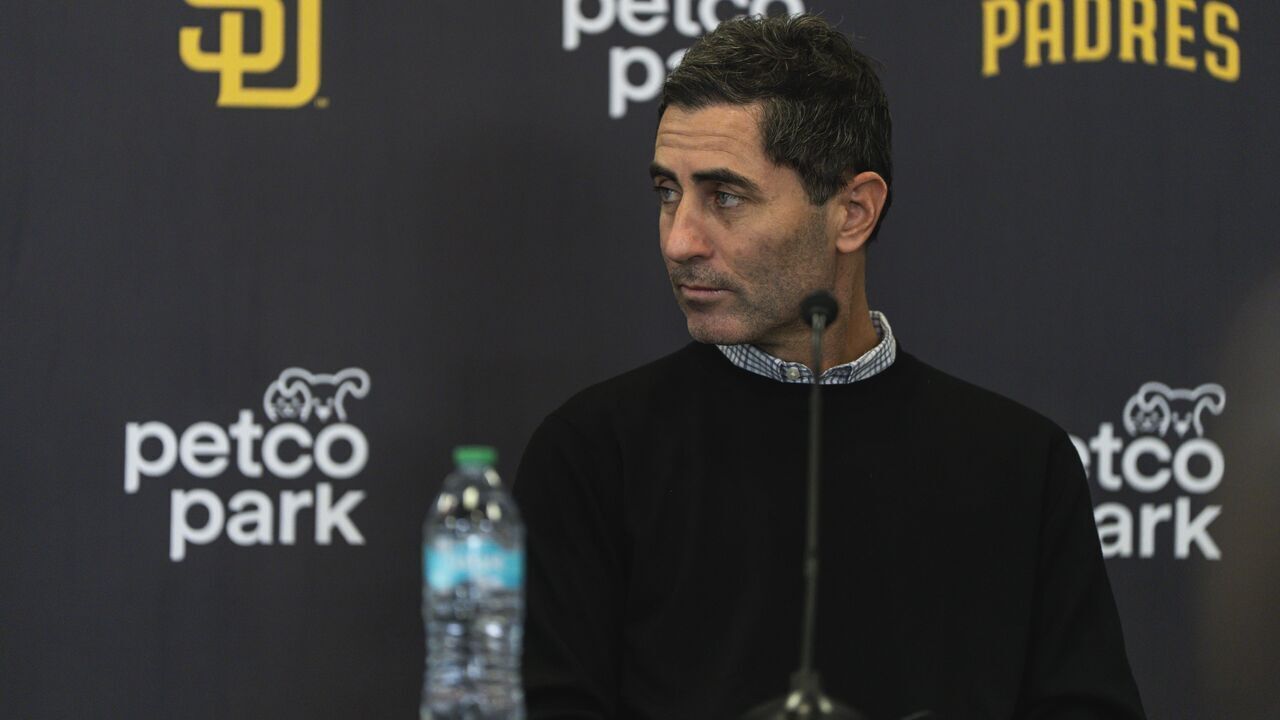 SAN DIEGO, CALIFORNIA - DECEMBER 19: San Diego Padres President of Baseball Operations and General Manager A.J. Preller speaks at Michael King's contract press conference at Petco Park on December 19, 2025 in San Diego, California.
