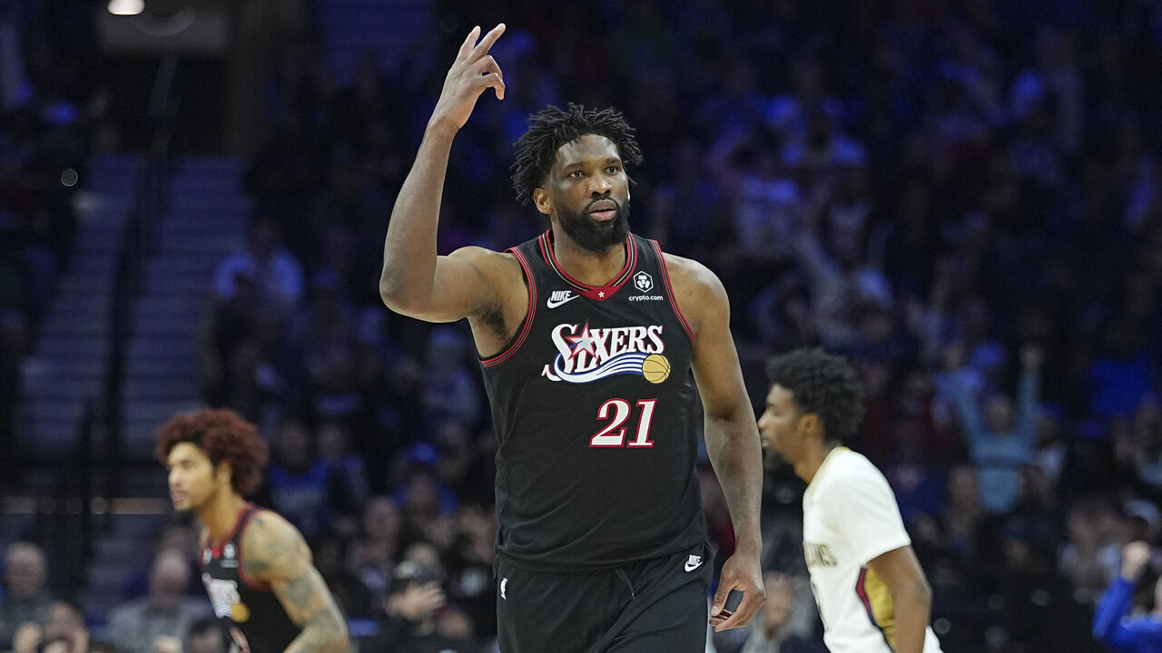 PHILADELPHIA, PENNSYLVANIA - JANUARY 31: Joel Embiid #21 of the Philadelphia 76ers reacts against the New Orleans Pelicans in the fourth quarter at Xfinity Mobile Arena on January 31, 2026 in Philadelphia, Pennsylvania. The 76ers defeated the Pelicans 124-114.