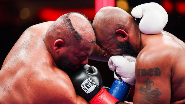 NEW YORK, NEW YORK - JANUARY 31: Jarrell Miller punches Kingsley Ibeh in a heavyweight bout during the Ring 6 fight at Madison Square Garden on January 31, 2026 in New York City.
