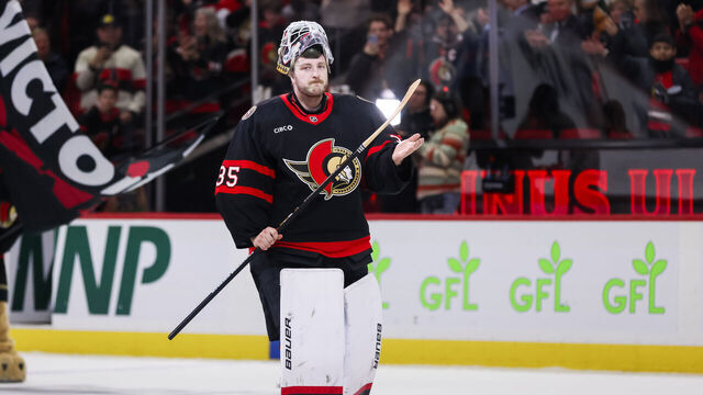 OTTAWA, ON - JANUARY 31: Linus Ullmark #35 of the Ottawa Senators announced as the number one star during three stars after a game against the New Jersey Devils on January 31, 2026, at Canadian Tire Centre in Ottawa, ON, Canada.