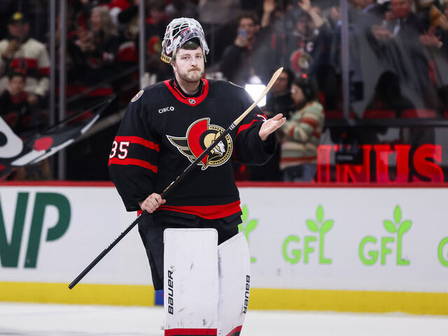 OTTAWA, ON - JANUARY 31: Linus Ullmark #35 of the Ottawa Senators announced as the number one star during three stars after a game against the New Jersey Devils on January 31, 2026, at Canadian Tire Centre in Ottawa, ON, Canada.