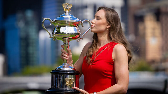 MELBOURNE, AUSTRALIA - FEBRUARY 01: Elena Rybakina of Kazakhstan poses with the Daphne Akhurst Memorial Cup during the Champions Trophy Shoot on Day 15 of the 2026 Australian Open at Melbourne Park on February 01, 2026 in Melbourne, Australia