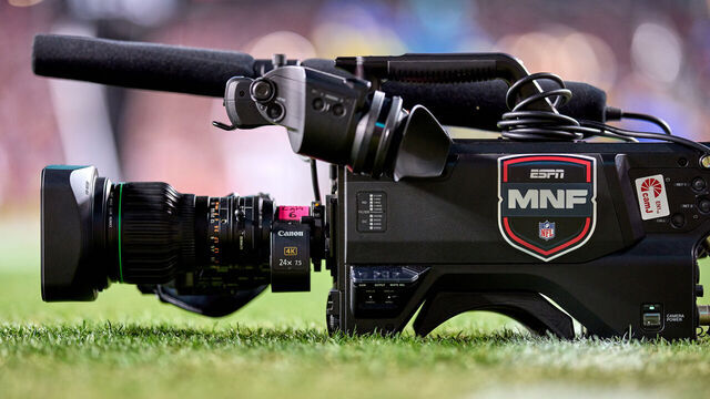 SANTA CLARA, CALIFORNIA - DECEMBER 25: A detail view of an ESPN Monday Night Football NFL logo is seen on a tv camera in action during a game between the San Francisco 49ers and the Baltimore Ravens at Levi's Stadium on December 25, 2023 in Santa Clara, California.