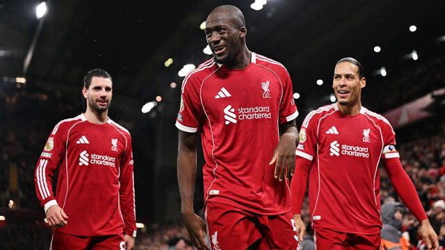 LIVERPOOL, ENGLAND - JANUARY 31: (SUN OUT, SUN ON SUNDAY OUT) Ibrahima Konate of Liverpool celebrates scoring his team's fourth goal with teammates Dominik Szoboszlai and Virgil van Dijk during the Premier League match between Liverpool and Newcastle United at Anfield on January 31, 2026 in Liverpool, England.