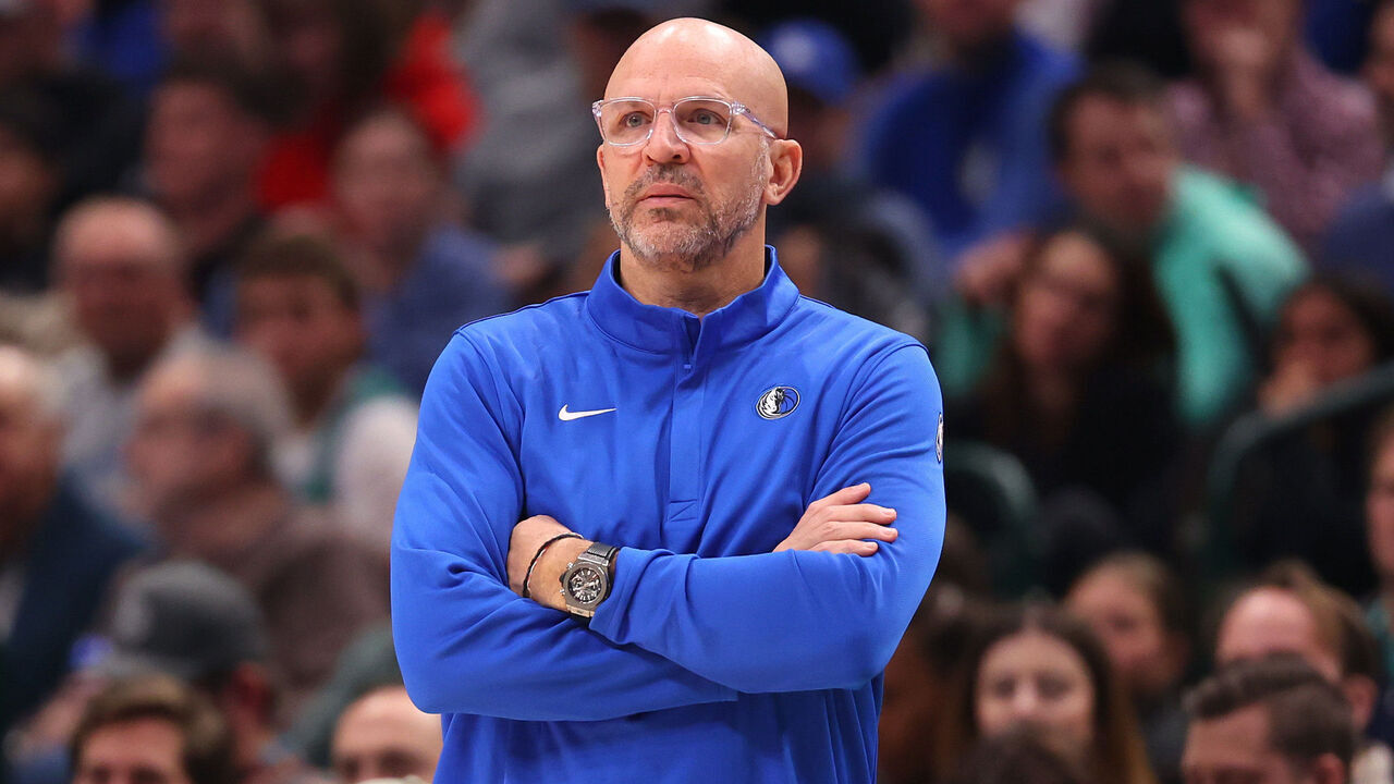 DALLAS, TEXAS - JANUARY 28: Head coach Jason Kidd of the Dallas Mavericks watches play during the first quarter of the game against the Minnesota Timberwolves at American Airlines Center on January 28, 2026 in Dallas, Texas.
