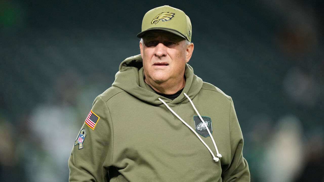 PHILADELPHIA, PA - NOVEMBER 16: Philadelphia Eagles defensive coordinator Vic Fangio looks on before the game between the Detroit Lions and Philadelphia Eagles on November 16, 2025 at Lincoln Financial Field in Philadelphia, PA.