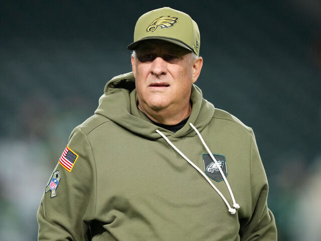PHILADELPHIA, PA - NOVEMBER 16: Philadelphia Eagles defensive coordinator Vic Fangio looks on before the game between the Detroit Lions and Philadelphia Eagles on November 16, 2025 at Lincoln Financial Field in Philadelphia, PA.