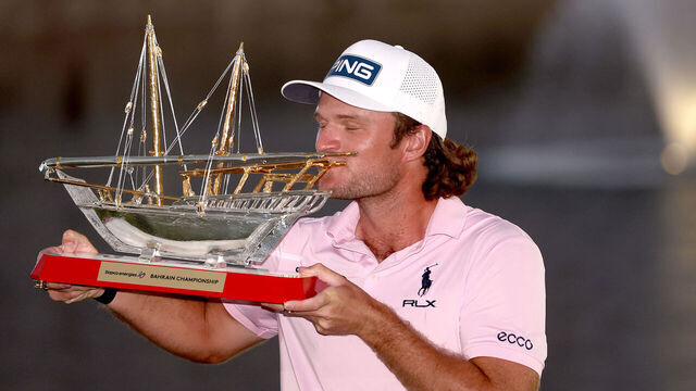 BAHRAIN, BAHRAIN - FEBRUARY 01: Freddy Schott of Germany poses with the trophy on the 18th green following victory on day four of the Bahrain Championship 2026 at Royal Golf Club on February 01, 2026 in Bahrain, Bahrain.