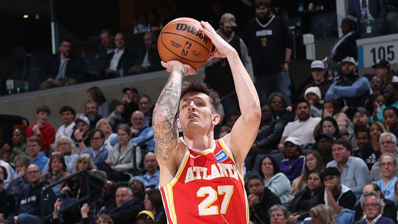 MEMPHIS, TN - JANUARY 21: Vit Krejci #27 of the Atlanta Hawks shoots a three point basket during the game against the Memphis Grizzlies on January 21, 2026 at FedExForum in Memphis, Tennessee. Mandatory Copyright Notice: Copyright 2026 NBAE