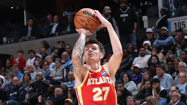 MEMPHIS, TN - JANUARY 21: Vit Krejci #27 of the Atlanta Hawks shoots a three point basket during the game against the Memphis Grizzlies on January 21, 2026 at FedExForum in Memphis, Tennessee. Mandatory Copyright Notice: Copyright 2026 NBAE