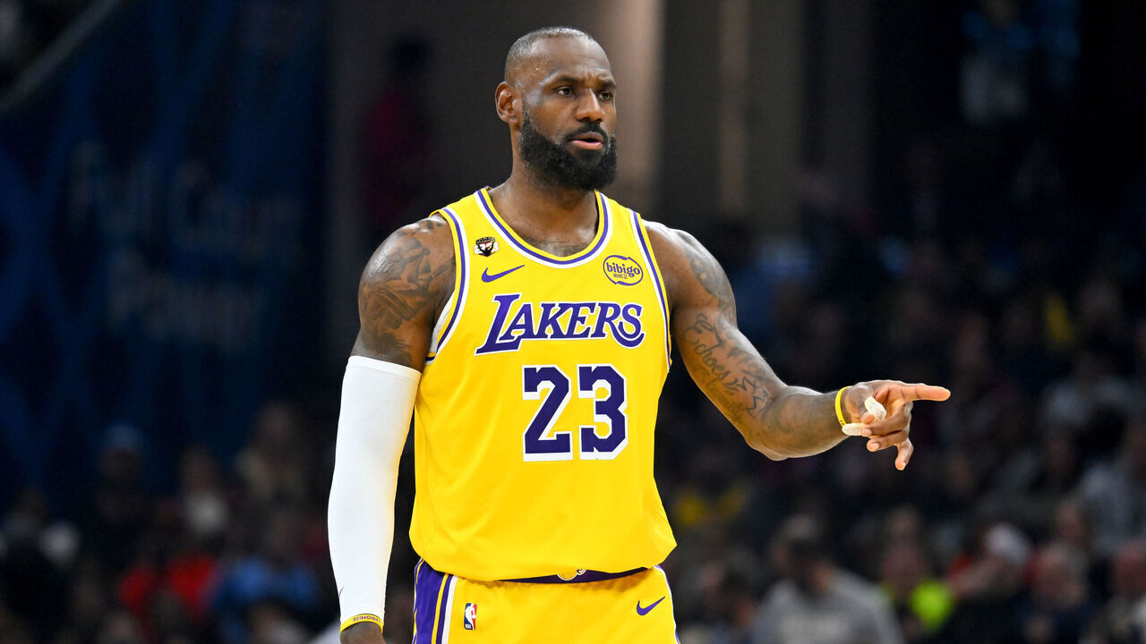 CLEVELAND, OHIO - JANUARY 28: LeBron James #23 of the Los Angeles Lakers reacts during the second quarter against the Cleveland Cavaliers at Rocket Arena on January 28, 2026 in Cleveland, Ohio.