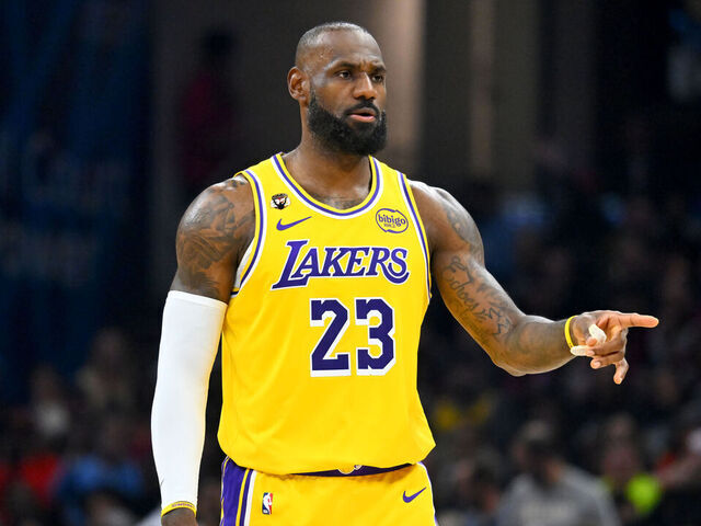 CLEVELAND, OHIO - JANUARY 28: LeBron James #23 of the Los Angeles Lakers reacts during the second quarter against the Cleveland Cavaliers at Rocket Arena on January 28, 2026 in Cleveland, Ohio.