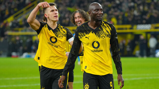 DORTMUND, GERMANY - FEBRUARY 01: Serhou Yadaly Guirassy of Borussia Dortmund celebrates scoring his team's third goal with teammates during the Bundesliga match between Borussia Dortmund and 1. FC Heidenheim 1846 at Signal Iduna Park on February 01, 2026 in Dortmund, Germany.