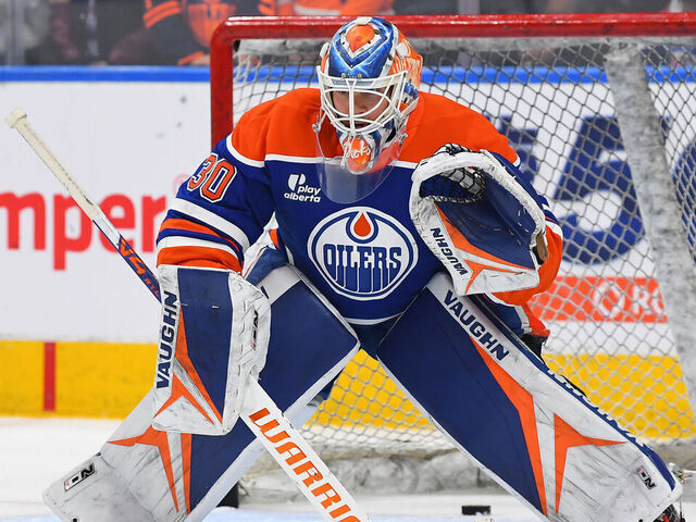 EDMONTON, CANADA - JANUARY 10: Calvin Pickard #30 of the Edmonton Oilers participates in warmups prior to the game against the Los Angeles Kings at Rogers Place on January 10, 2026, in Edmonton, Alberta, Canada.