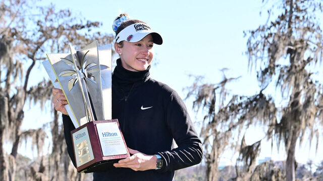 ORLANDO, FLORIDA - FEBRUARY 1: Nelly Korda of the United States poses with the trophy following the completion of the third round of the Hilton Grand Vacations Tournament of Champions 2026 at Lake Nona Golf & Country Club on February 1, 2026 in Orlando, Florida. The tournament was shortened to 54 holes due to adverse weather conditions.