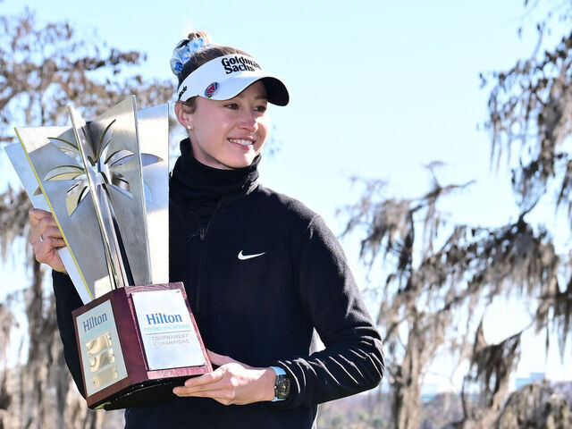 ORLANDO, FLORIDA - FEBRUARY 1: Nelly Korda of the United States poses with the trophy following the completion of the third round of the Hilton Grand Vacations Tournament of Champions 2026 at Lake Nona Golf & Country Club on February 1, 2026 in Orlando, Florida. The tournament was shortened to 54 holes due to adverse weather conditions.