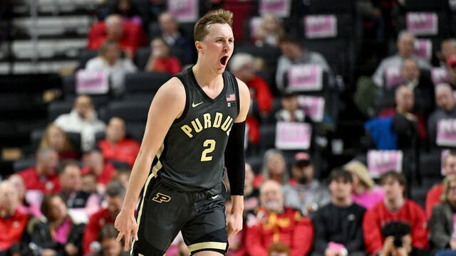 COLLEGE PARK, MARYLAND - FEBRUARY 01: Fletcher Loyer #2 of the Purdue Boilermakers celebrates after scoring in the first half against the Maryland Terrapins at Xfinity Center on February 01, 2026 in College Park, Maryland.