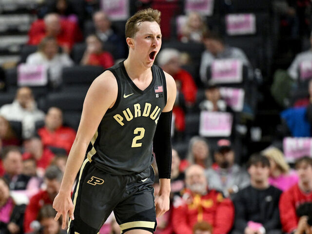 COLLEGE PARK, MARYLAND - FEBRUARY 01: Fletcher Loyer #2 of the Purdue Boilermakers celebrates after scoring in the first half against the Maryland Terrapins at Xfinity Center on February 01, 2026 in College Park, Maryland.