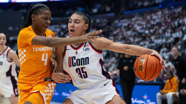 HARTFORD, CONNECTICUT - FEBRUARY 01: Azzi Fudd #35 of the Connecticut Huskies is defended by Kaniya Boyd #4 of the Tennessee Volunteers during the first half of an NCAA women's basketball game at PeoplesBank Arena on February 01, 2026 in Hartford, Connecticut.