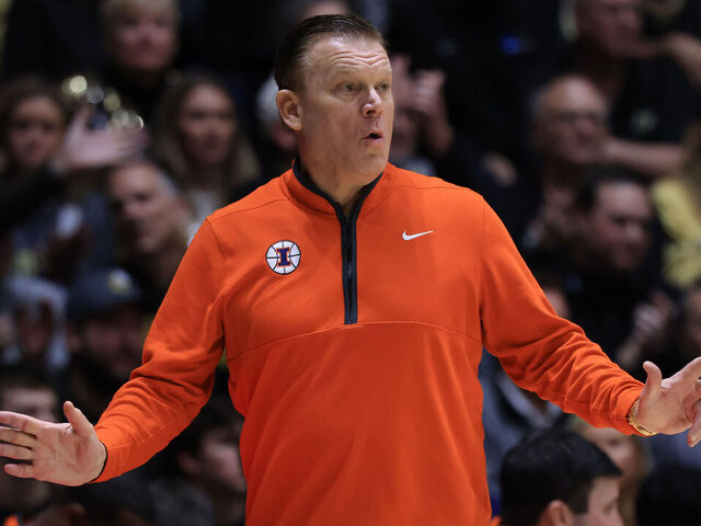 WEST LAFAYETTE, INDIANA - JANUARY 24: Head coach Brad Underwood of the Illinois Fighting Illini reacts against the Purdue Boilermakers at Mackey Arena on January 24, 2026 in West Lafayette, Indiana.