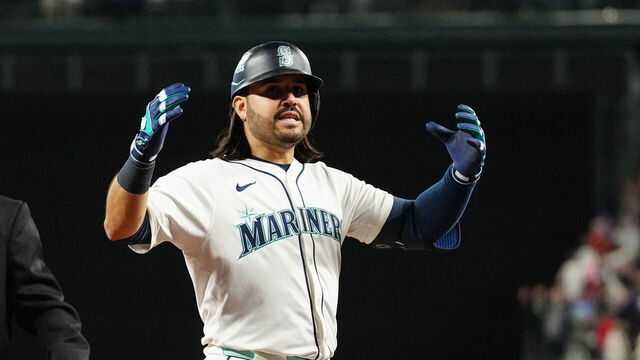 SEATTLE, WA - OCTOBER 17: Eugenio Suárez #28 of the Seattle Mariners reacts after hitting a go-ahead grand slam in the eighth inning of Game Five of the American League Championship Series presented by loanDepot between the Toronto Blue Jays and the Seattle Mariners at T-Mobile Park on Friday, October 17, 2025 in Seattle, Washington.
