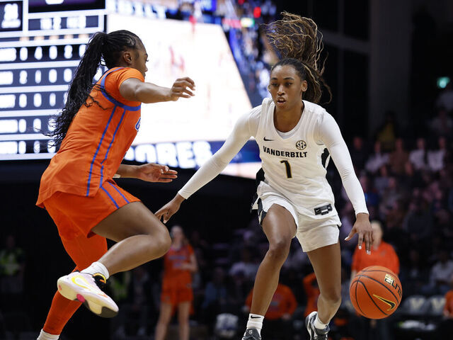 NASHVILLE, TN - FEBRUARY 01: Vanderbilt Commodores guard Mikayla Blakes (1) drives to the basket during a game between the Vanderbilt Commodores and Florida Gators, February 1, 2026, at Memorial Gymnasium in Nashville, Tennessee.