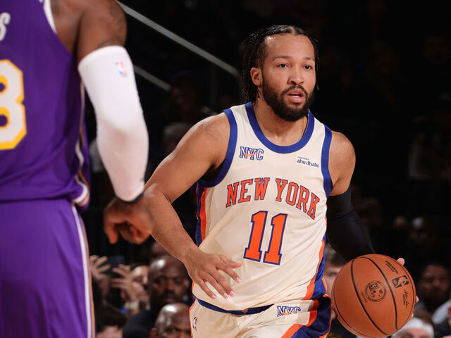 NEW YORK, NY - FEBRUARY 1: Jalen Brunson #11 of the New York Knicks dribbles the ball during the game against the Los Angeles Lakers on February 1, 2026 at Madison Square Garden in New York City, New York. Mandatory Copyright Notice: Copyright 2026 NBAE