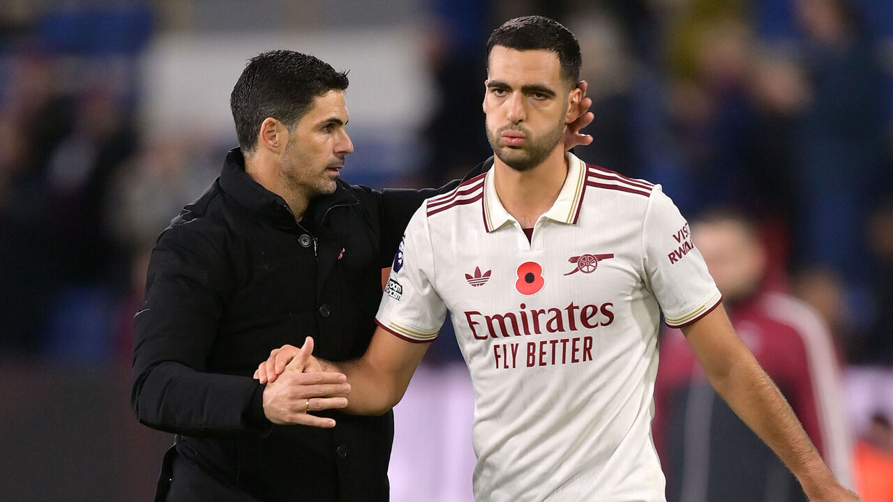 Arsenal manager Mikel Arteta (left) and player Mikel Merino after the final whistle in the Premier League match at Turf Moor, Burnley. Picture date: Saturday November 1, 2025.