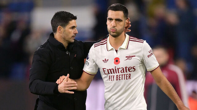 Arsenal manager Mikel Arteta (left) and player Mikel Merino after the final whistle in the Premier League match at Turf Moor, Burnley. Picture date: Saturday November 1, 2025.